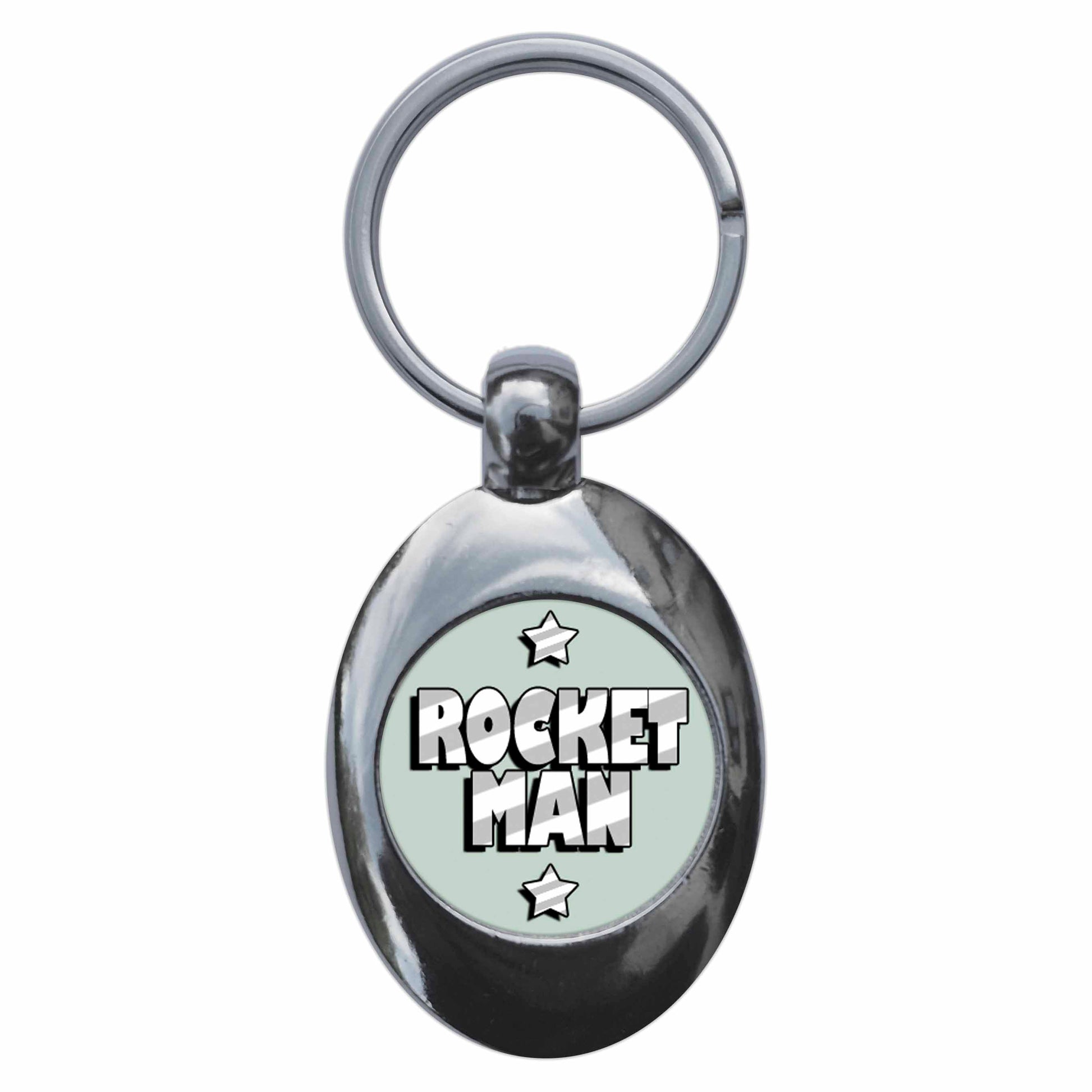 A picture of the front of the product, titled Rocket Man Metal Keyring With Trolley Coin