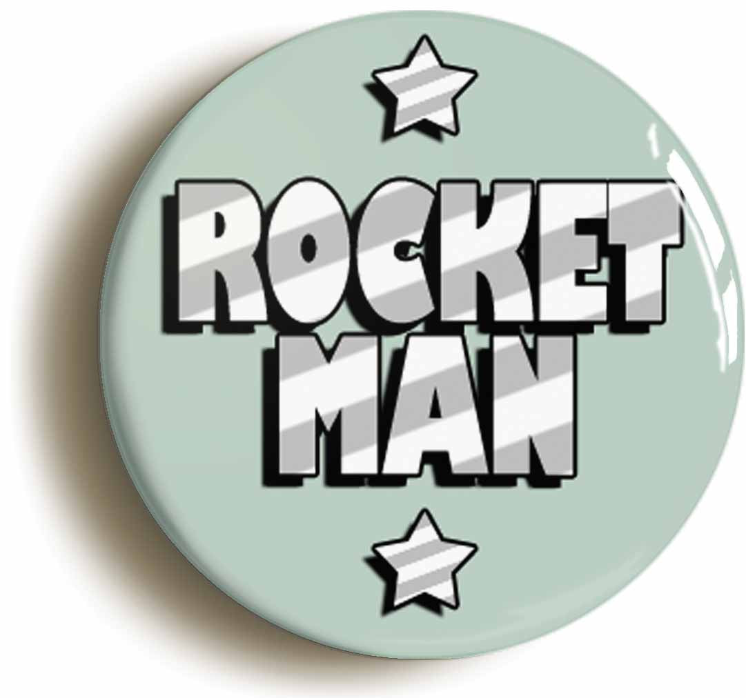 A picture of the front of the product, titled Rocket Man Seventies Button Pin Badge