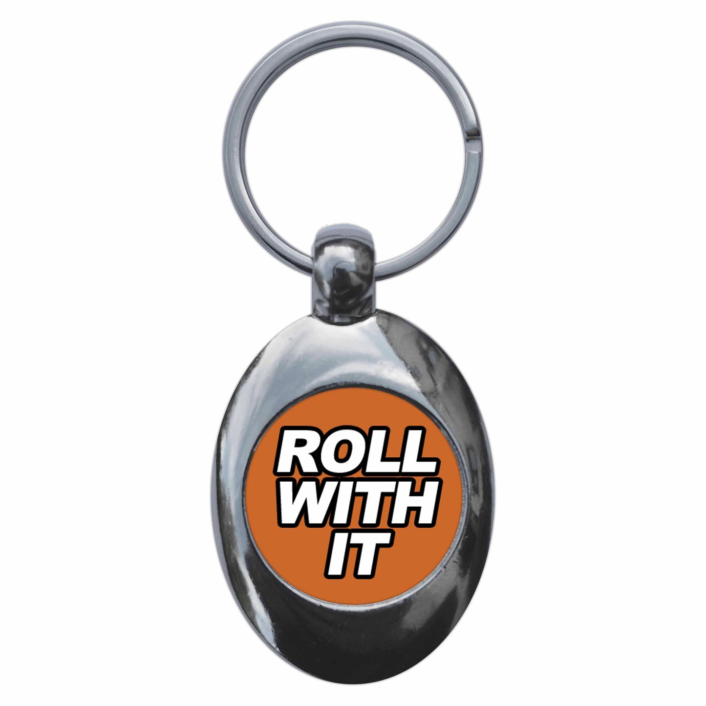 A picture of the front of the product, titled Roll With It Metal Keyring With Trolley Coin