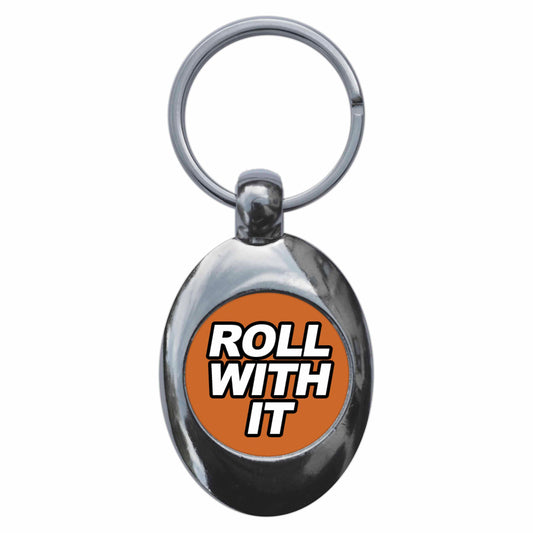 A picture of the front of the product, titled Roll With It Metal Keyring With Trolley Coin
