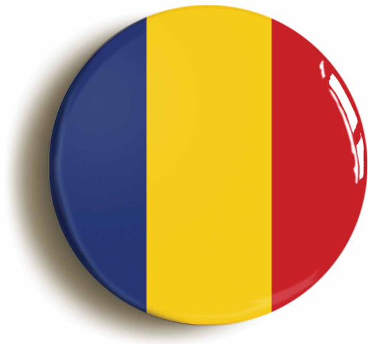 A picture of the front of the product, titled Romania Romanian National Flag Button Pin Badge