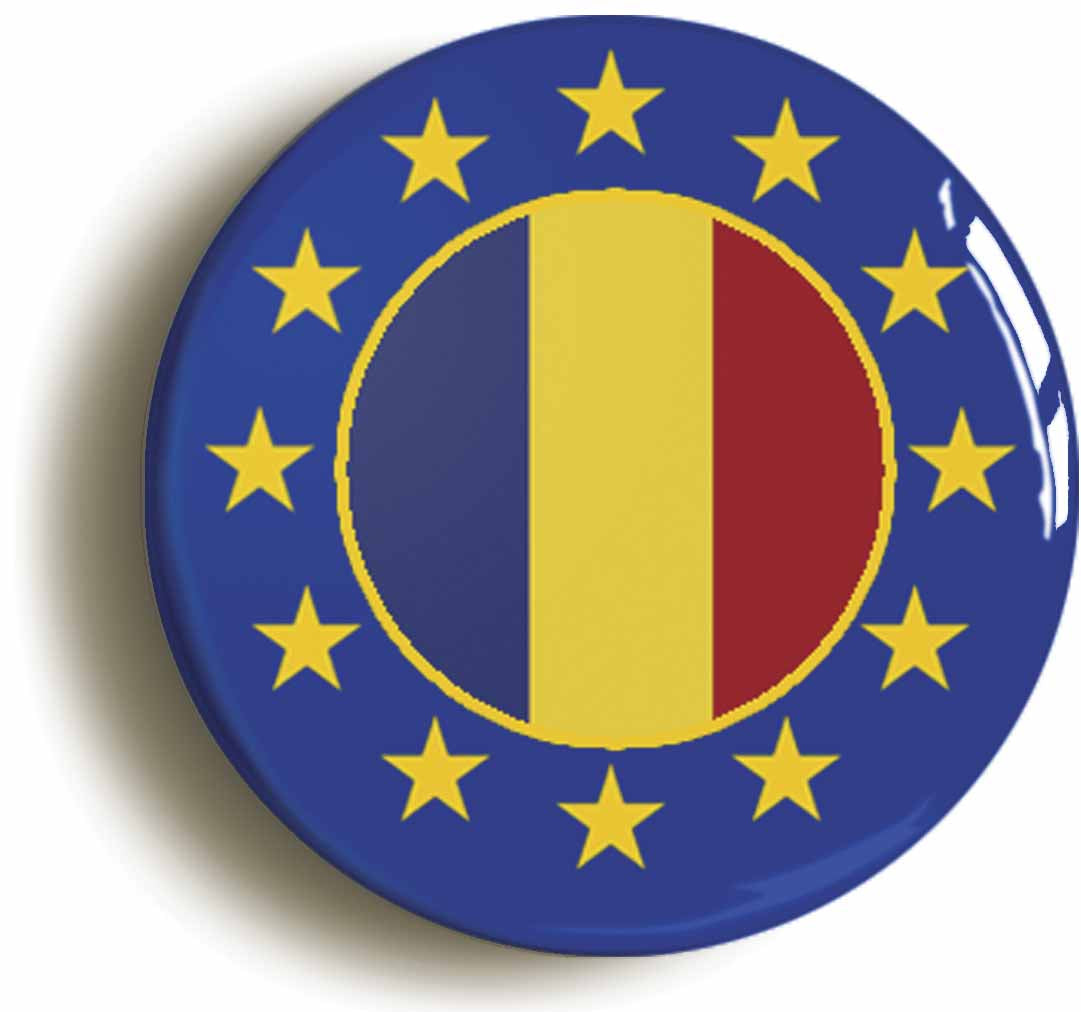 A picture of the front of the product, titled Romania European Union Split Flag Button Pin Badge
