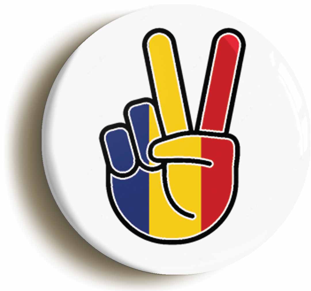 A picture of the front of the product, titled Romania Romanian National Flag Peace Sign V Button Pin Badge