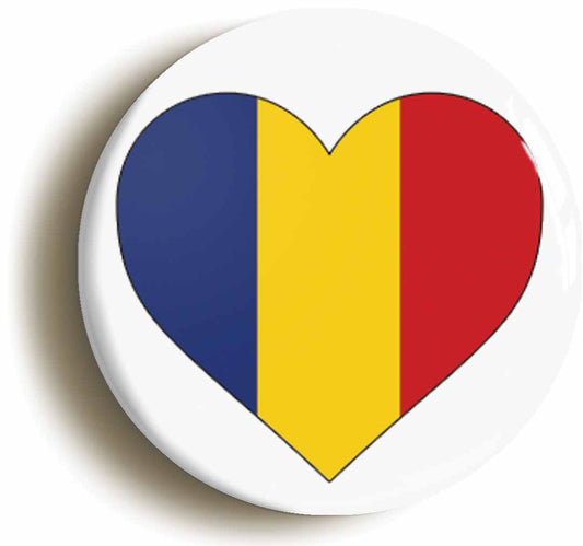 A picture of the front of the product, titled Romania Romanian Flag Heart Button Pin Badge