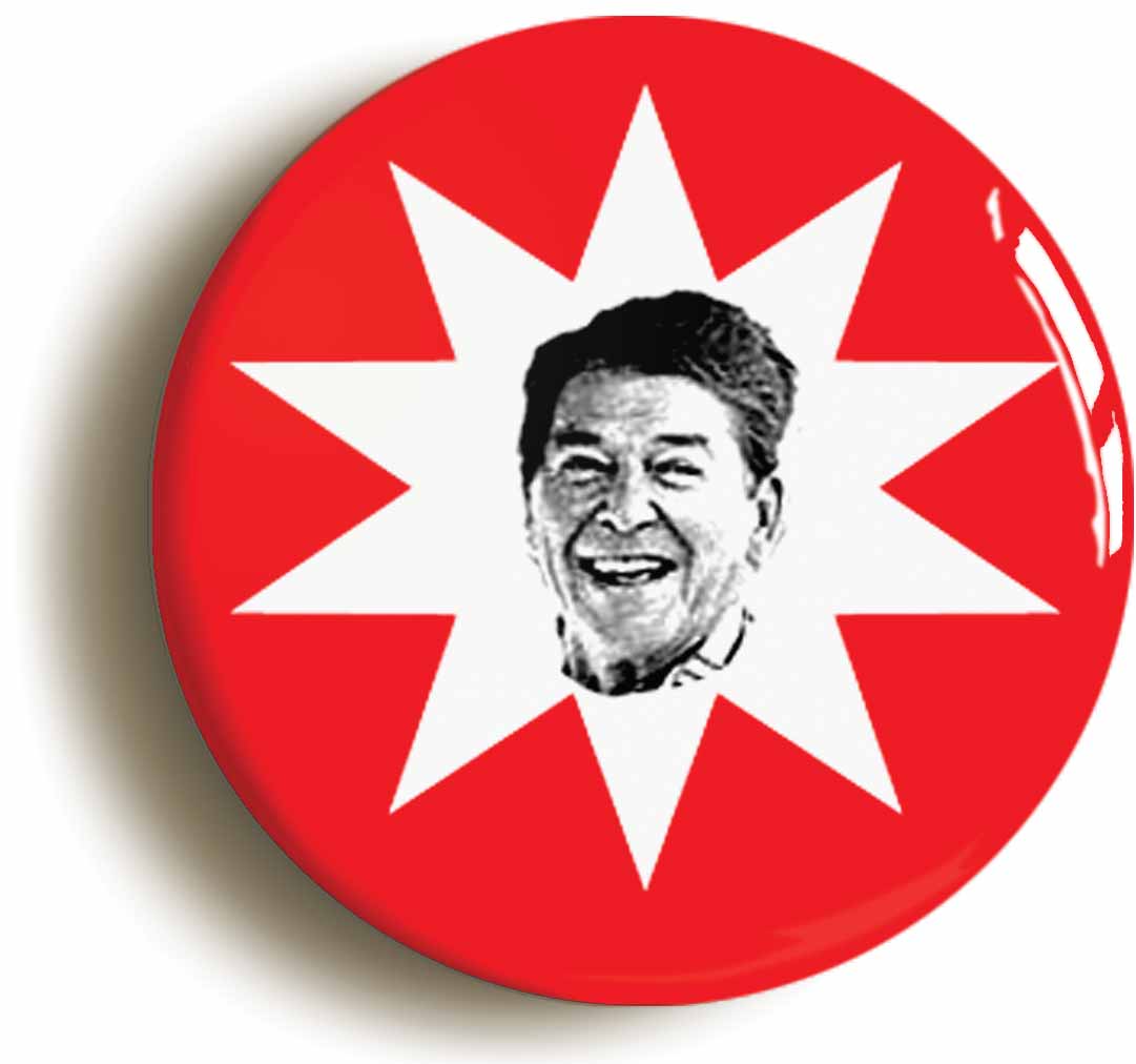 A picture of the front of the product, titled Ronald Reagan Button Pin Badge