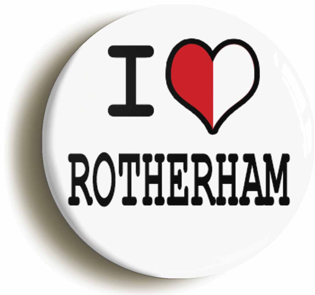 A picture of the front of the product, titled I Heart Love Rotherham Button Pin Badge