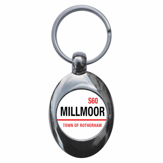 A picture of the front of the product, titled Millmoor Rotherham S60 Road Sign Metal Keyring With Trolley Coin