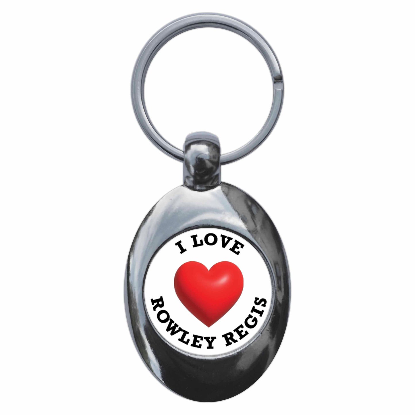 A picture of the front of the product, titled I Heart Love Rowley Regis Metal Keyring With Trolley Coin