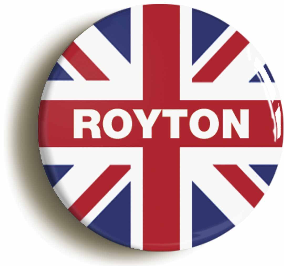A picture of the front of the product, titled Royton Union Jack Button Pin Badge