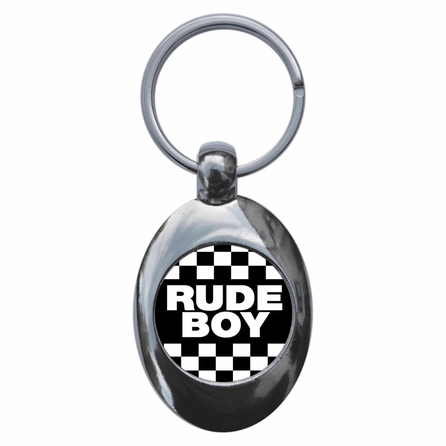 A picture of the front of the product, titled Ska Rude Boy Metal Keyring With Trolley Coin