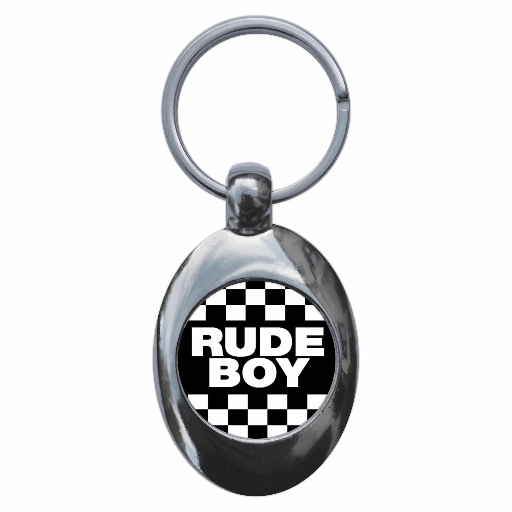 A picture of the front of the product, titled Ska Rude Boy Metal Keyring With Trolley Coin