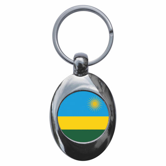 A picture of the front of the product, titled Rwanda Rwandan National Flag Metal Keyring With Trolley Coin