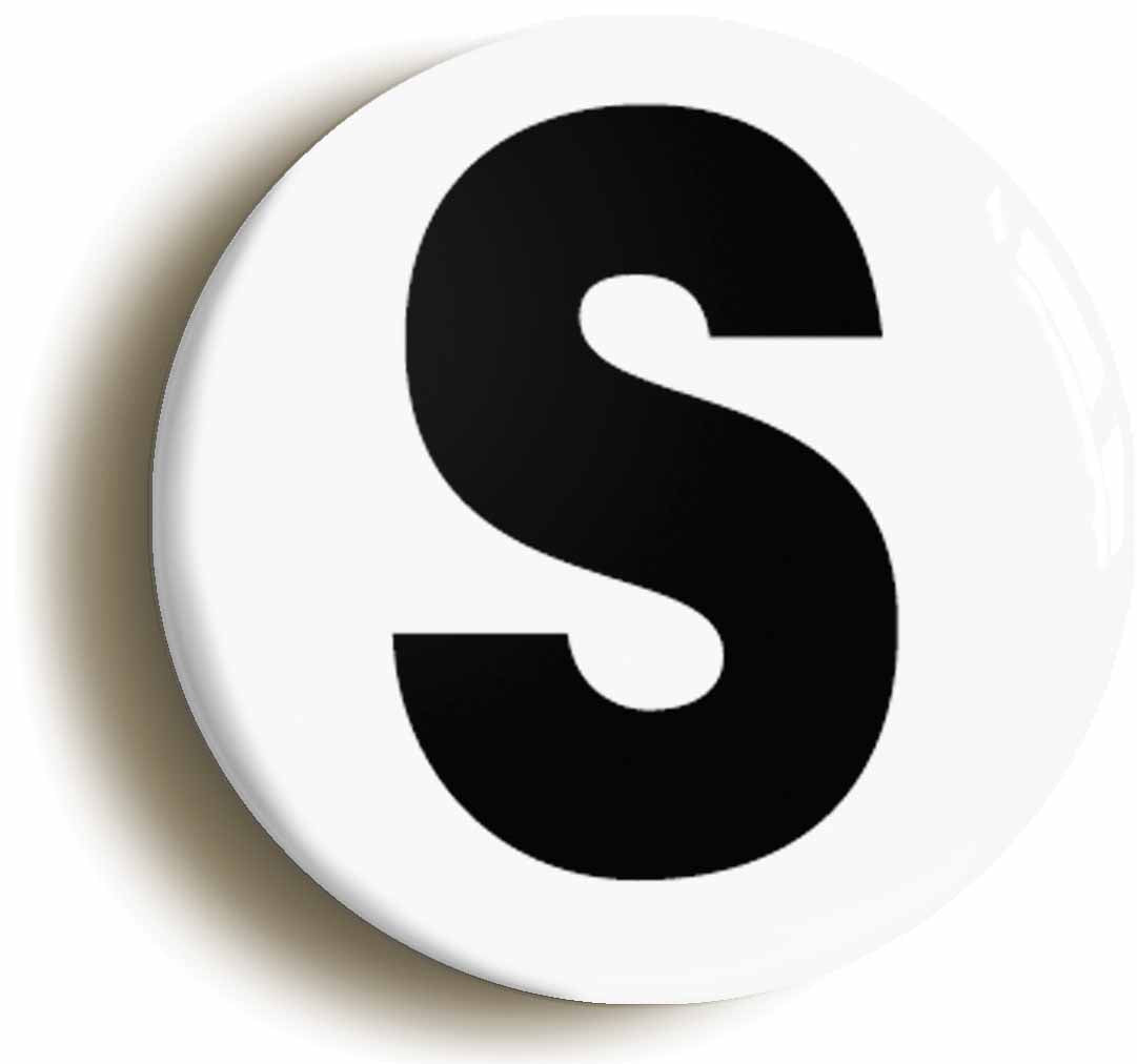 A picture of the front of the product, titled Letter S Button Pin Badge