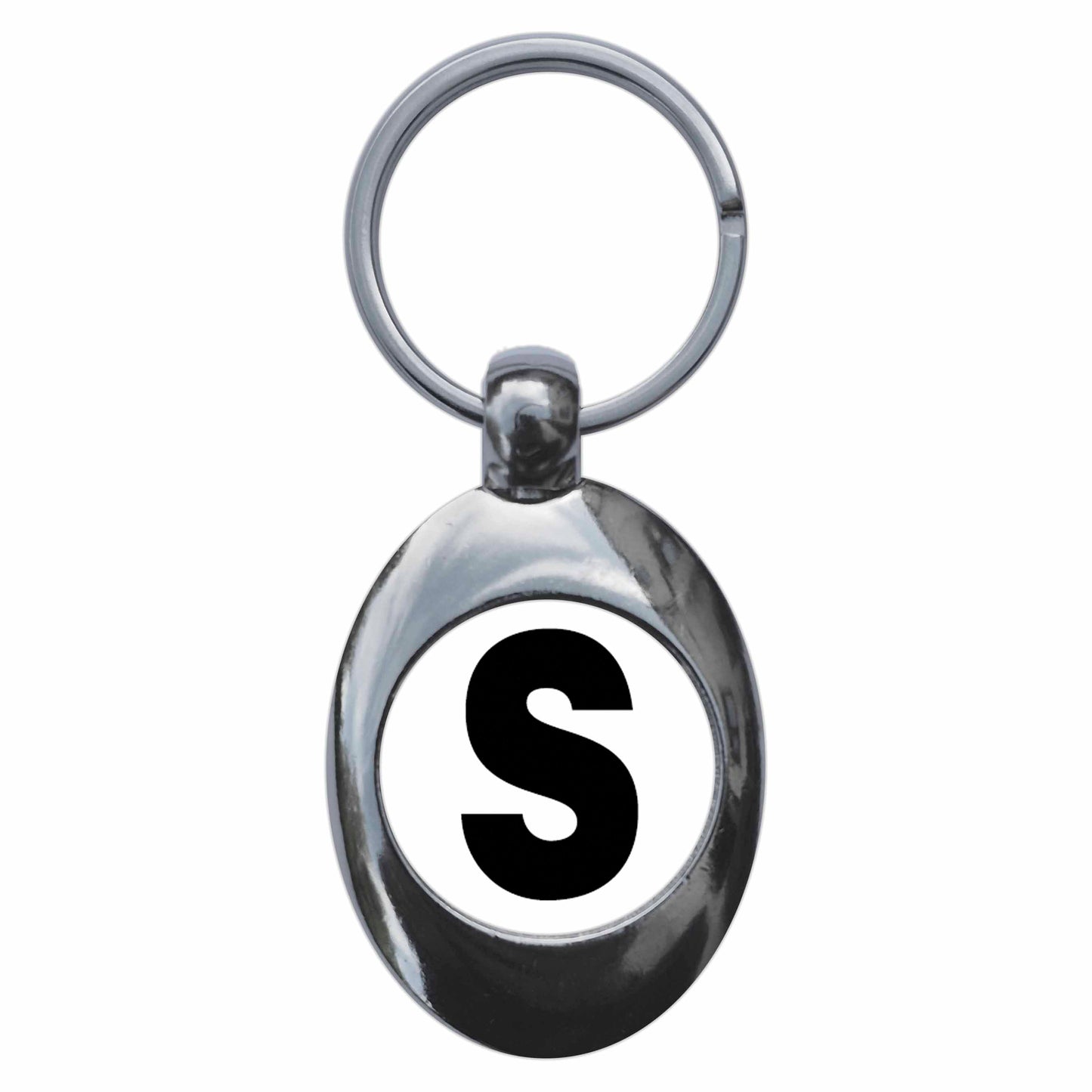 A picture of the front of the product, titled Letter S Metal Keyring With Trolley Coin