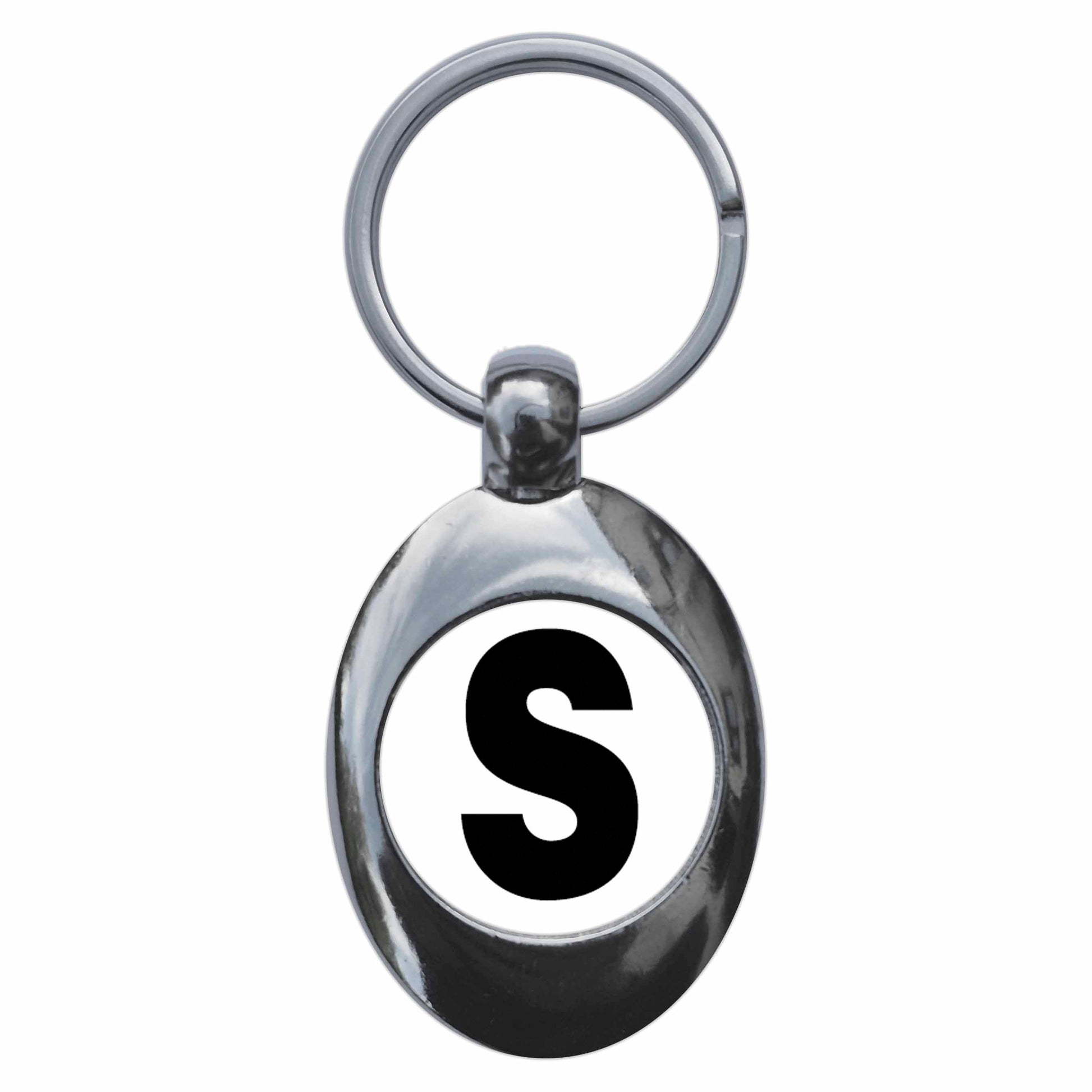 A picture of the front of the product, titled Letter S Metal Keyring With Trolley Coin