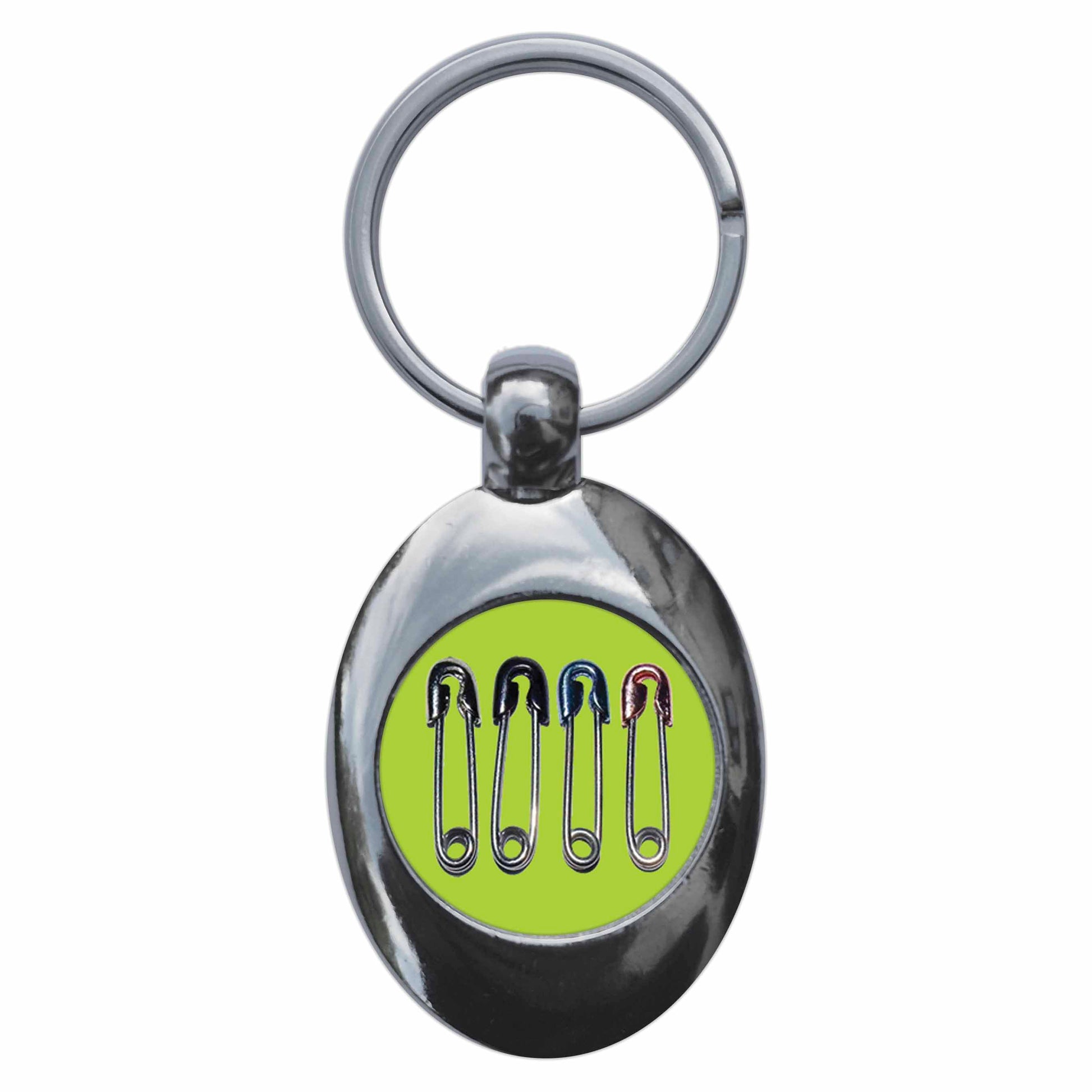 A picture of the front of the product, titled Safety Pins Punk Metal Keyring With Trolley Coin