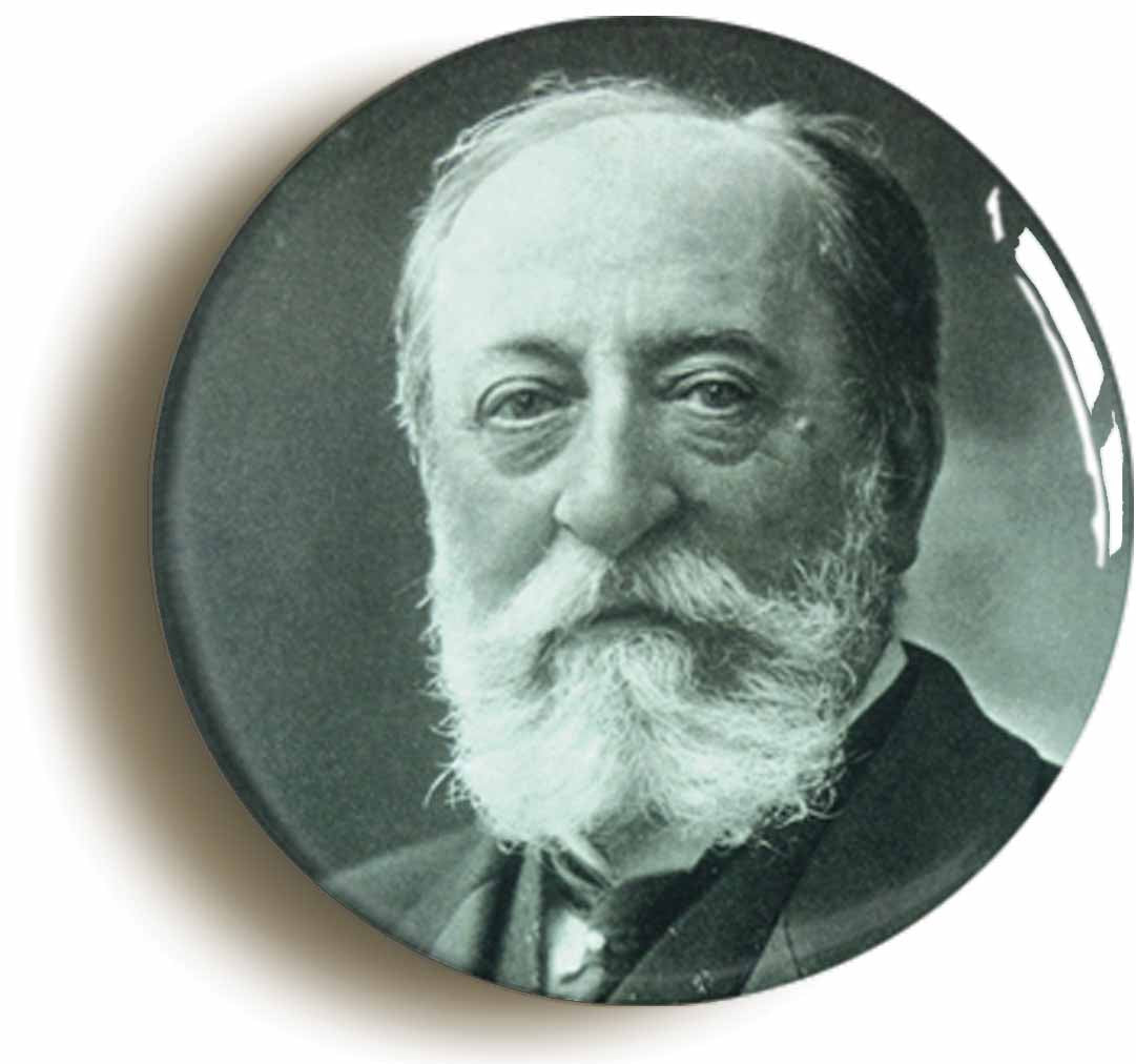 A picture of the front of the product, titled Charles-Camille Saint-Saëns Classical Music Button Pin Badge