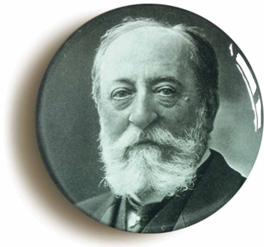 A picture of the front of the product, titled Charles-Camille Saint-Saëns Classical Music Button Pin Badge