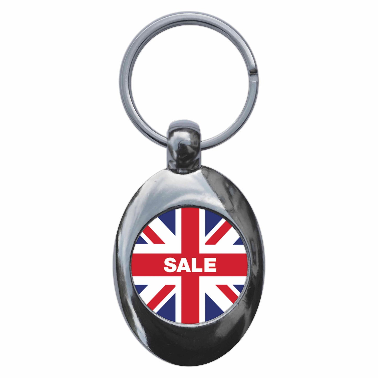 A picture of the front of the product, titled Sale Union Jack Metal Keyring With Trolley Coin