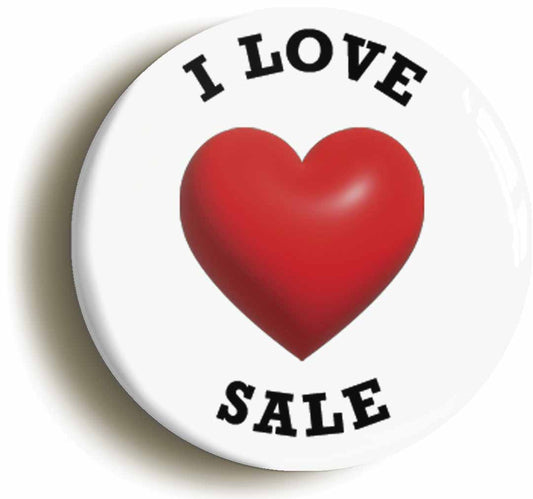 A picture of the front of the product, titled I Heart Love Sale Location Circular 50mm Fridge Magnet