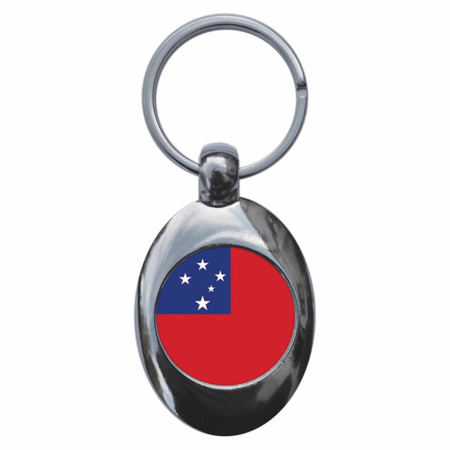 A picture of the front of the product, titled Samoa Samoan National Flag Metal Keyring With Trolley Coin