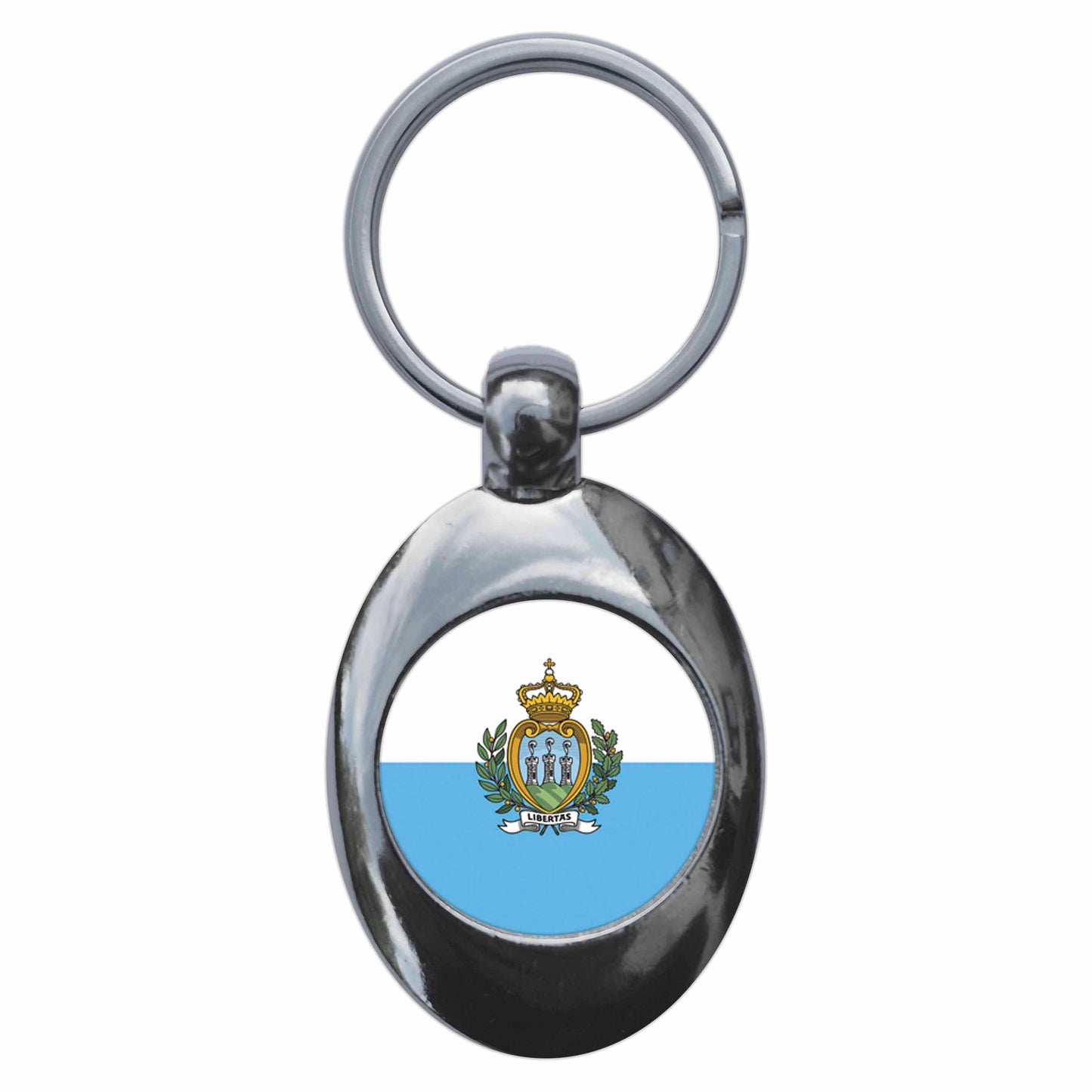 A picture of the front of the product, titled San Marino National Flag Metal Keyring With Trolley Coin