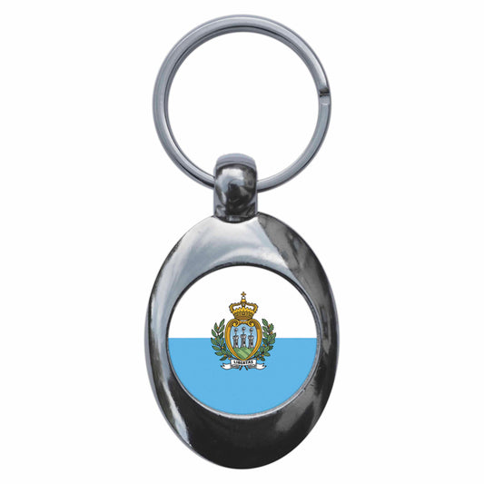 A picture of the front of the product, titled San Marino National Flag Metal Keyring With Trolley Coin