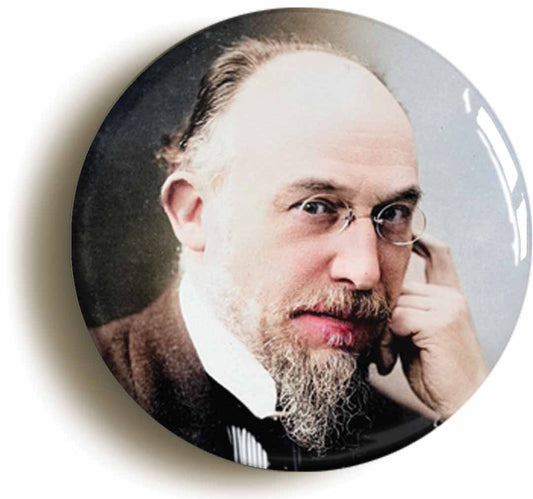 A picture of the front of the product, titled Erik Satie Classical Music Button Pin Badge