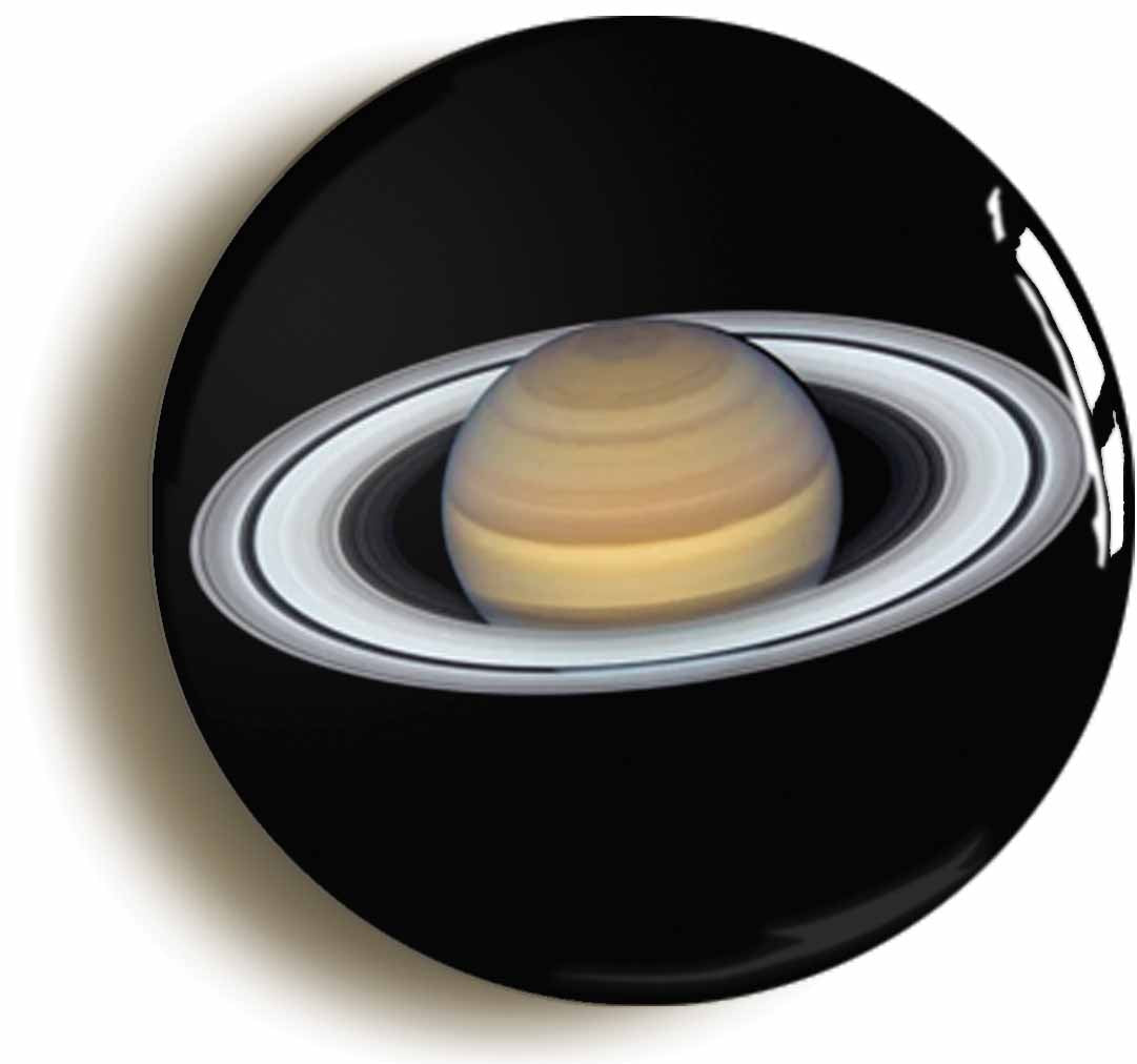 A picture of the front of the product, titled Planet Saturn Button Pin Badge