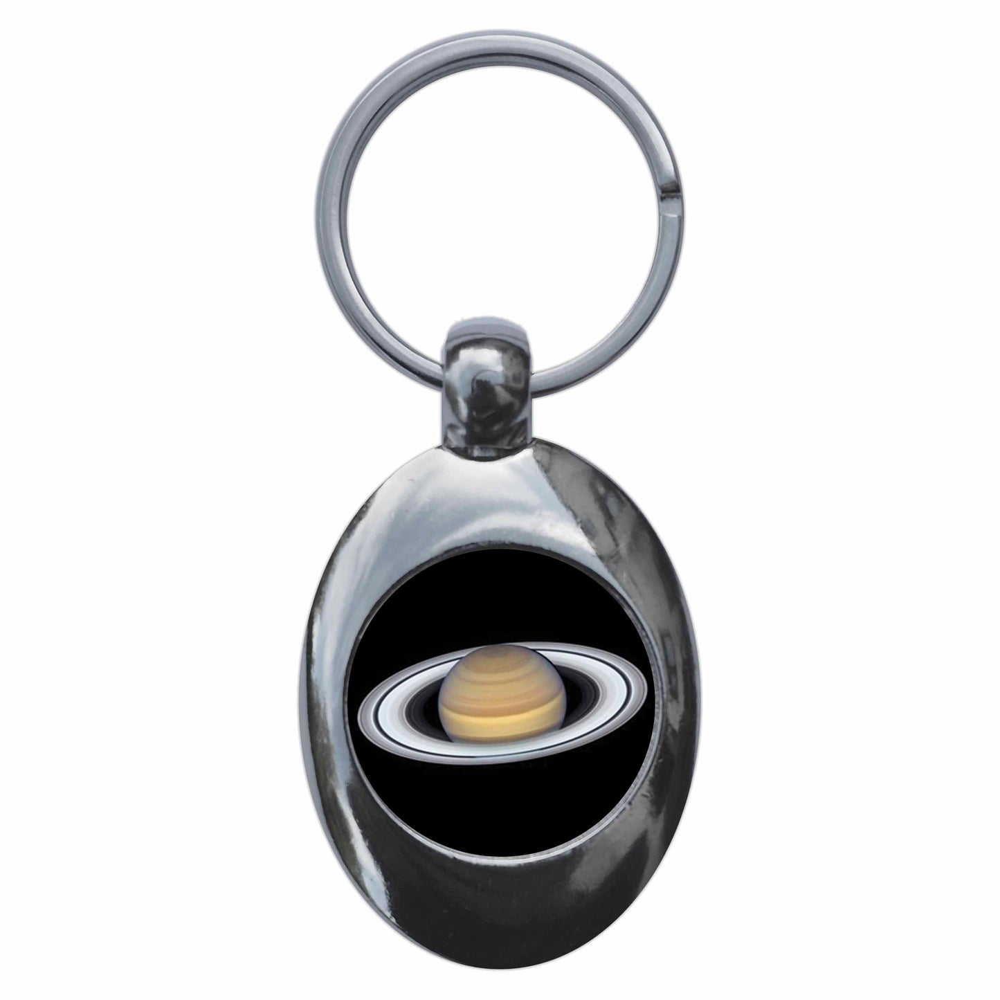 A picture of the front of the product, titled Planet Saturn Metal Keyring With Trolley Coin