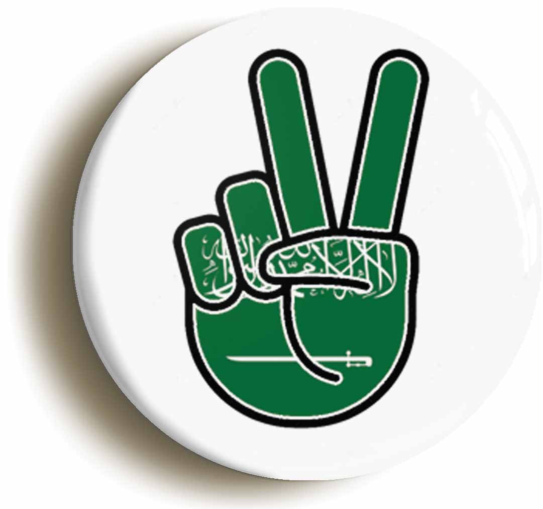 A picture of the front of the product, titled Saudi Arabia Arabian National Flag Peace Sign V Button Pin Badge
