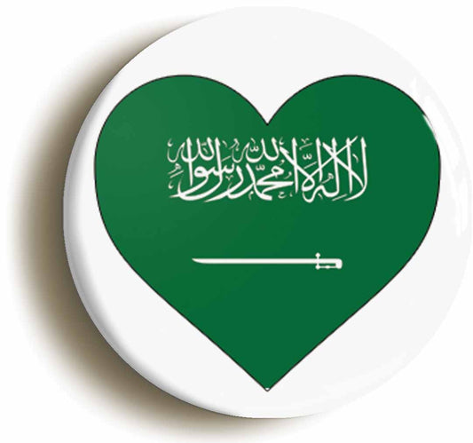 A picture of the front of the product, titled Saudi Arabia Arabian Flag Heart Button Pin Badge