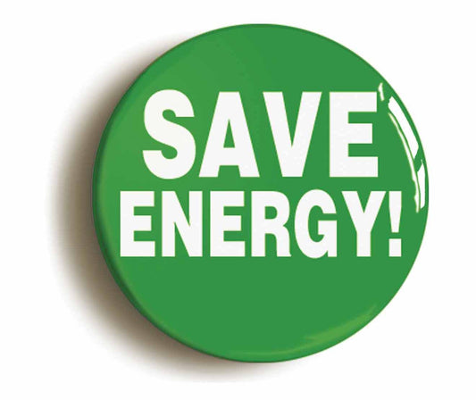 A picture of the front of the product, titled Save Energy Ecology Green Button Pin Badge