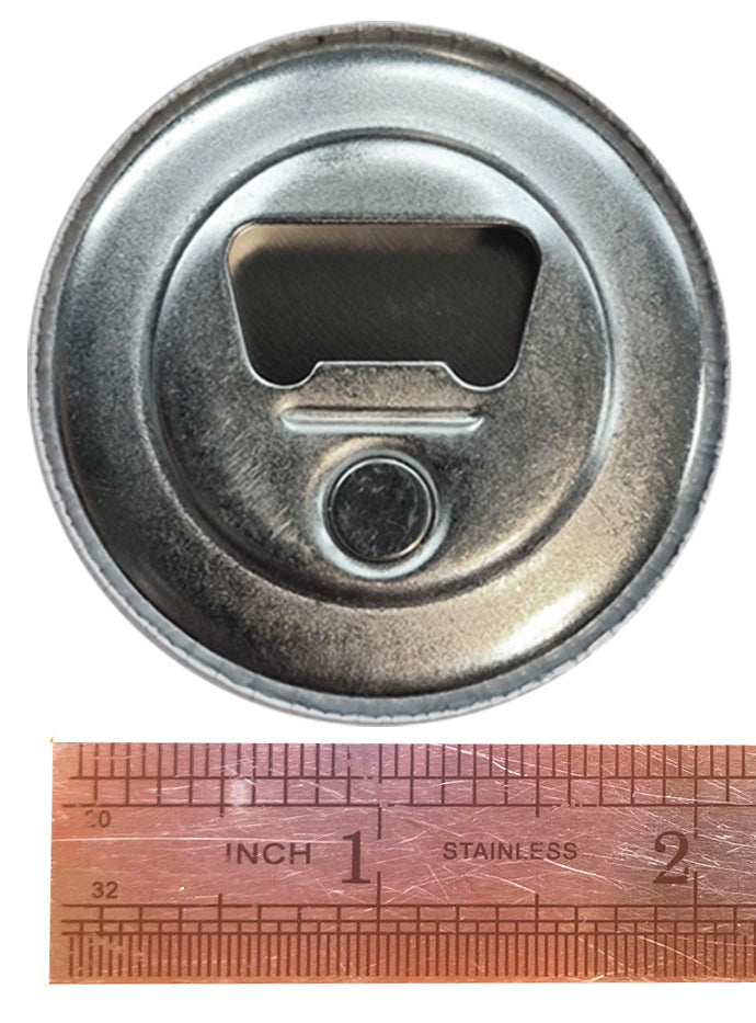 A picture of the reverse of a bottle opener fridge magnet with a ruler for scale