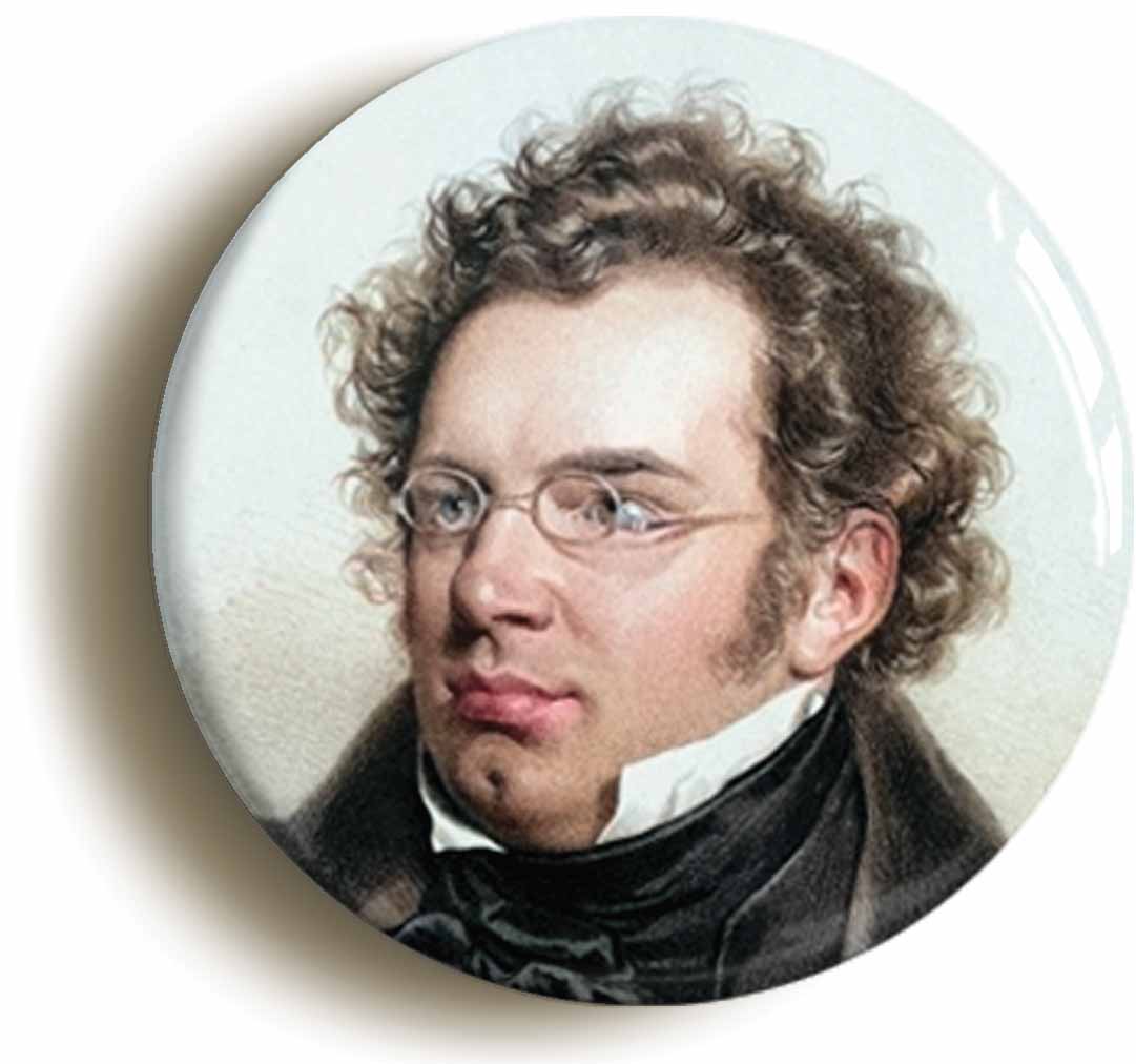 A picture of the front of the product, titled Franz Schubert Romanic Classical Music Button Pin Badge