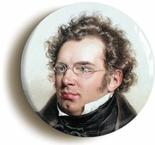 A picture of the front of the product, titled Franz Schubert Romanic Classical Music Button Pin Badge
