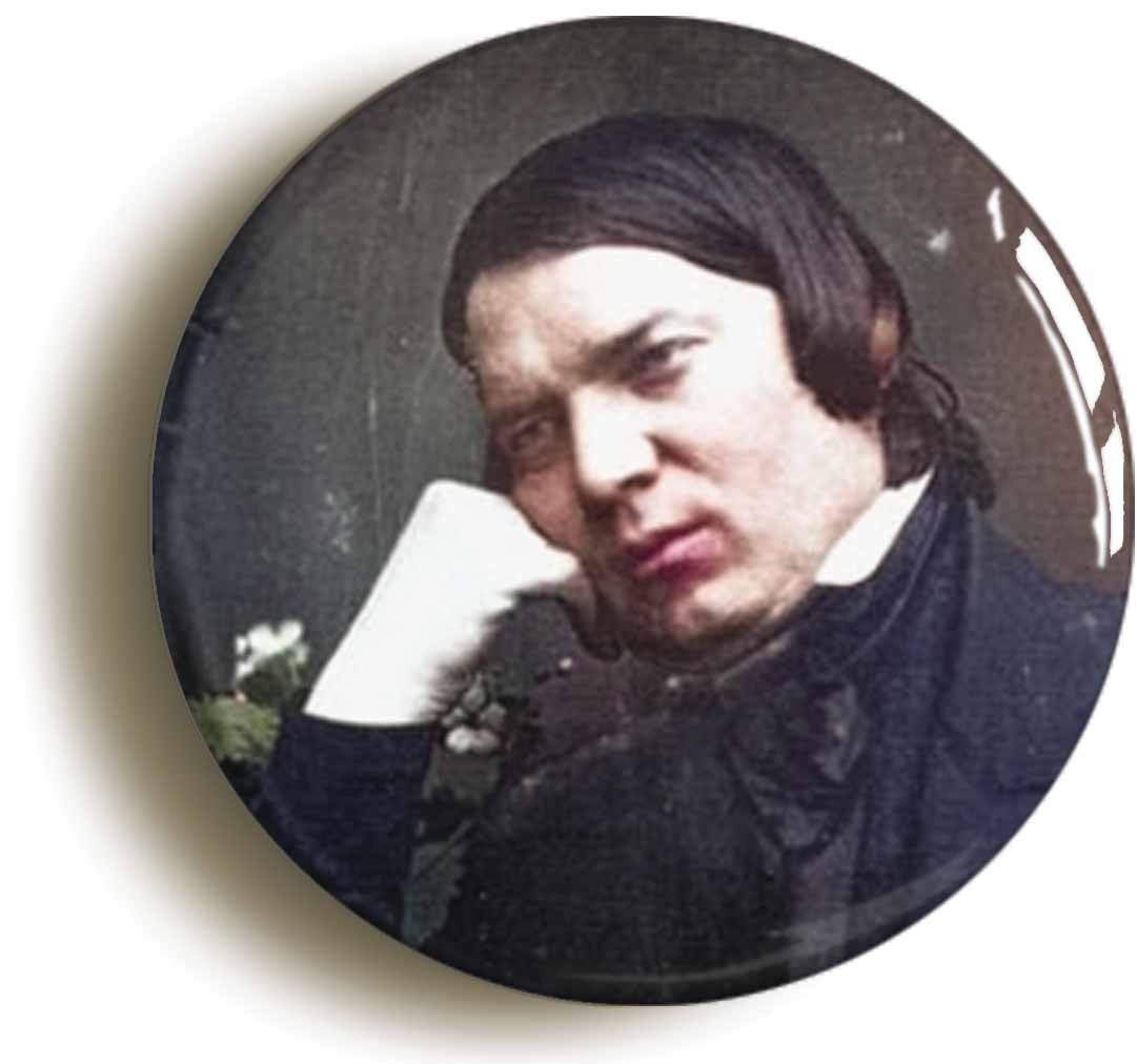 A picture of the front of the product, titled Robert Schumann Romantic Classical Music Button Pin Badge
