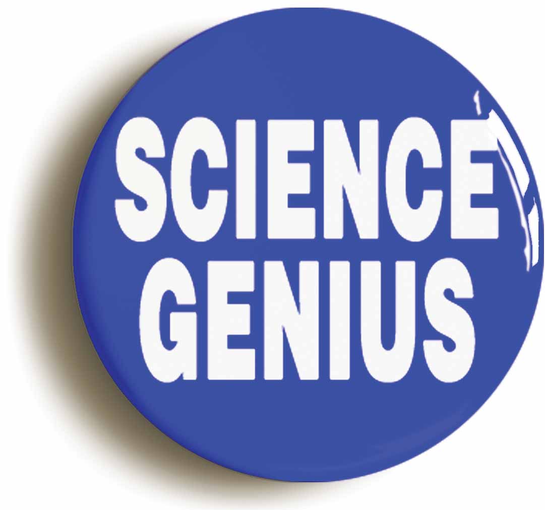 A picture of the front of the product, titled Science Genius Blue Button Pin Badge