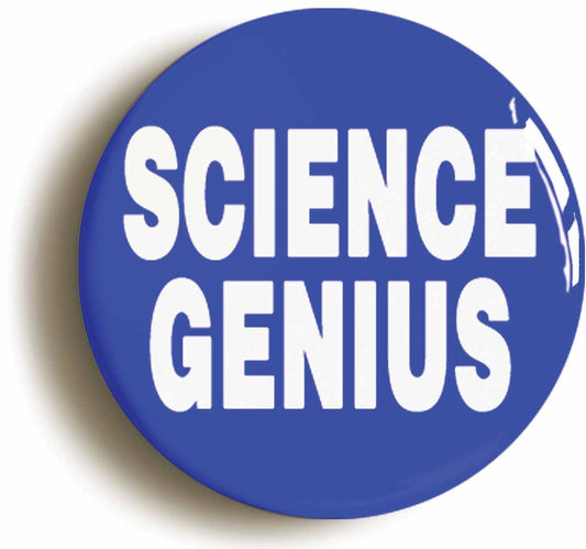 A picture of the front of the product, titled Science Genius Blue Button Pin Badge