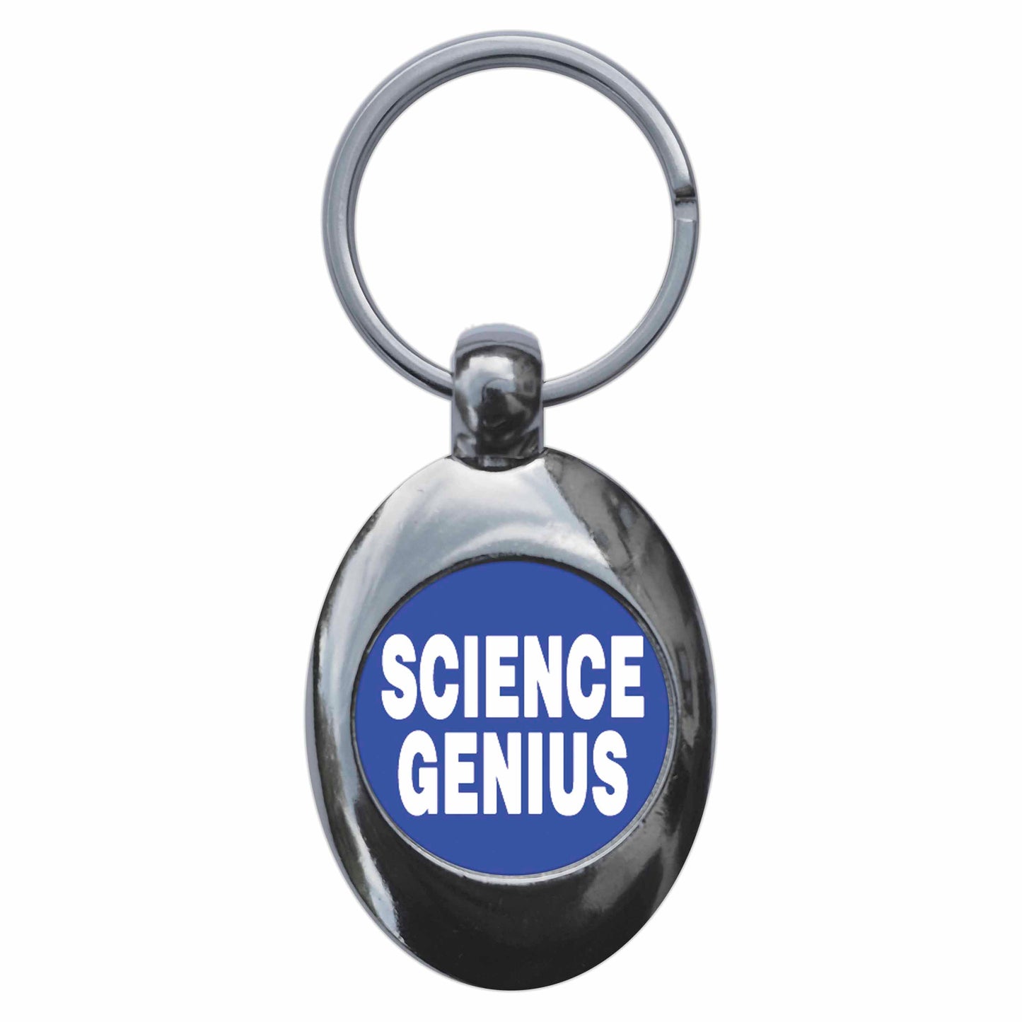 A picture of the front of the product, titled Science Genius Blue Metal Keyring With Trolley Coin
