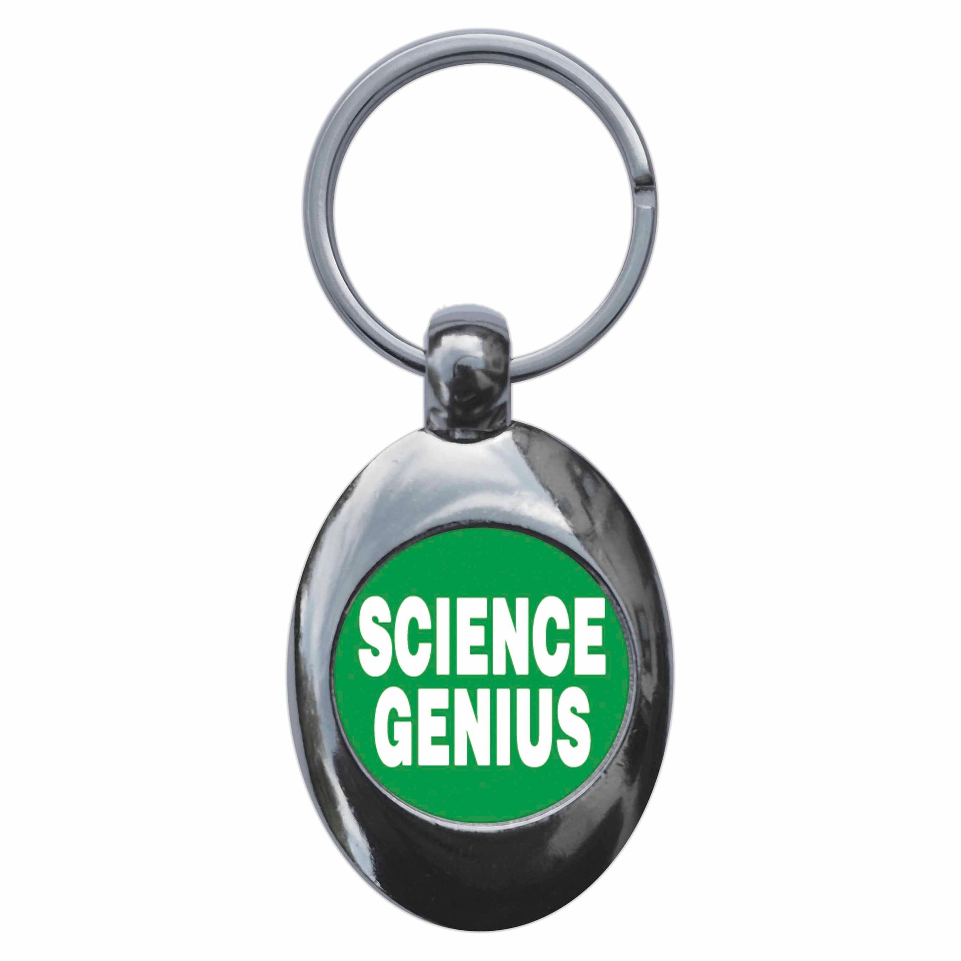 A picture of the front of the product, titled Science Genius Green Metal Keyring With Trolley Coin