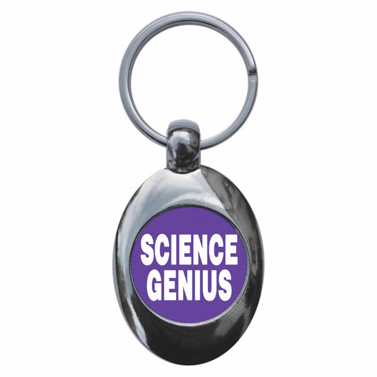 A picture of the front of the product, titled Science Genius Purple Metal Keyring With Trolley Coin