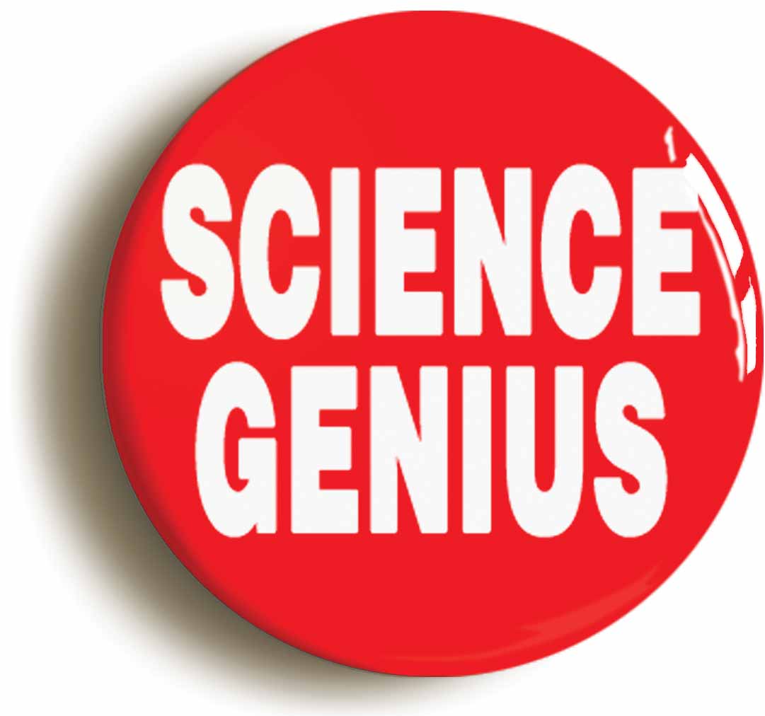 A picture of the front of the product, titled Science Genius Red Button Pin Badge