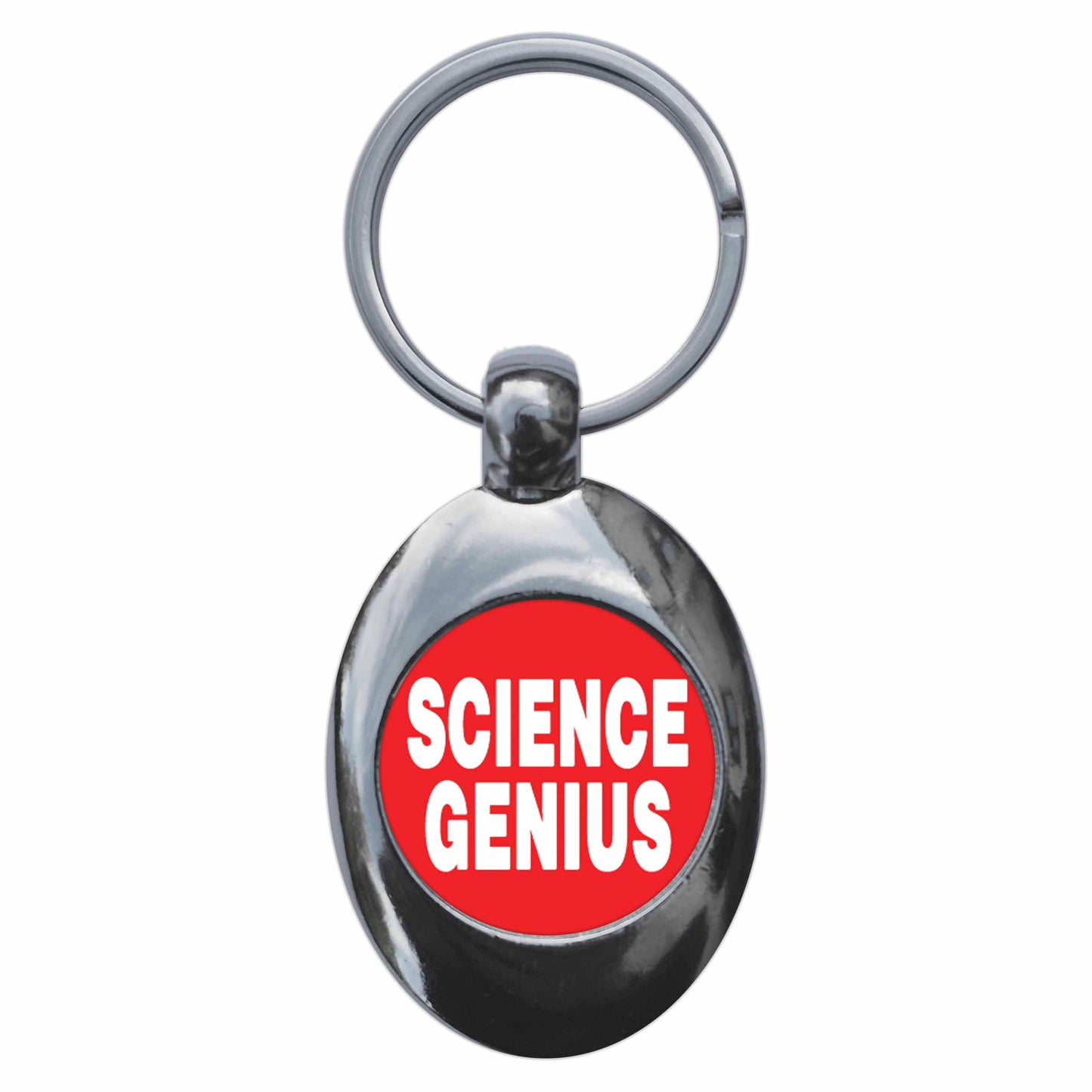 A picture of the front of the product, titled Science Genius Red Metal Keyring With Trolley Coin