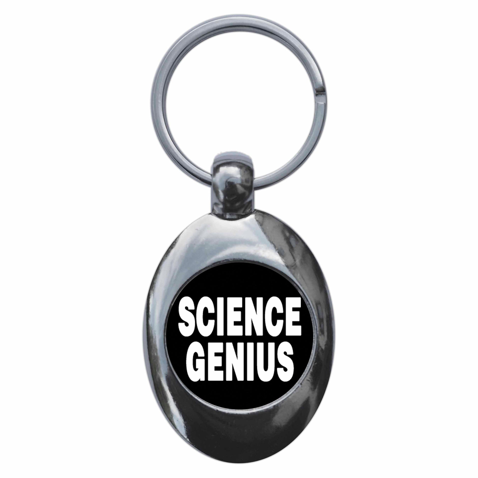 A picture of the front of the product, titled Science Genius Black Metal Keyring With Trolley Coin
