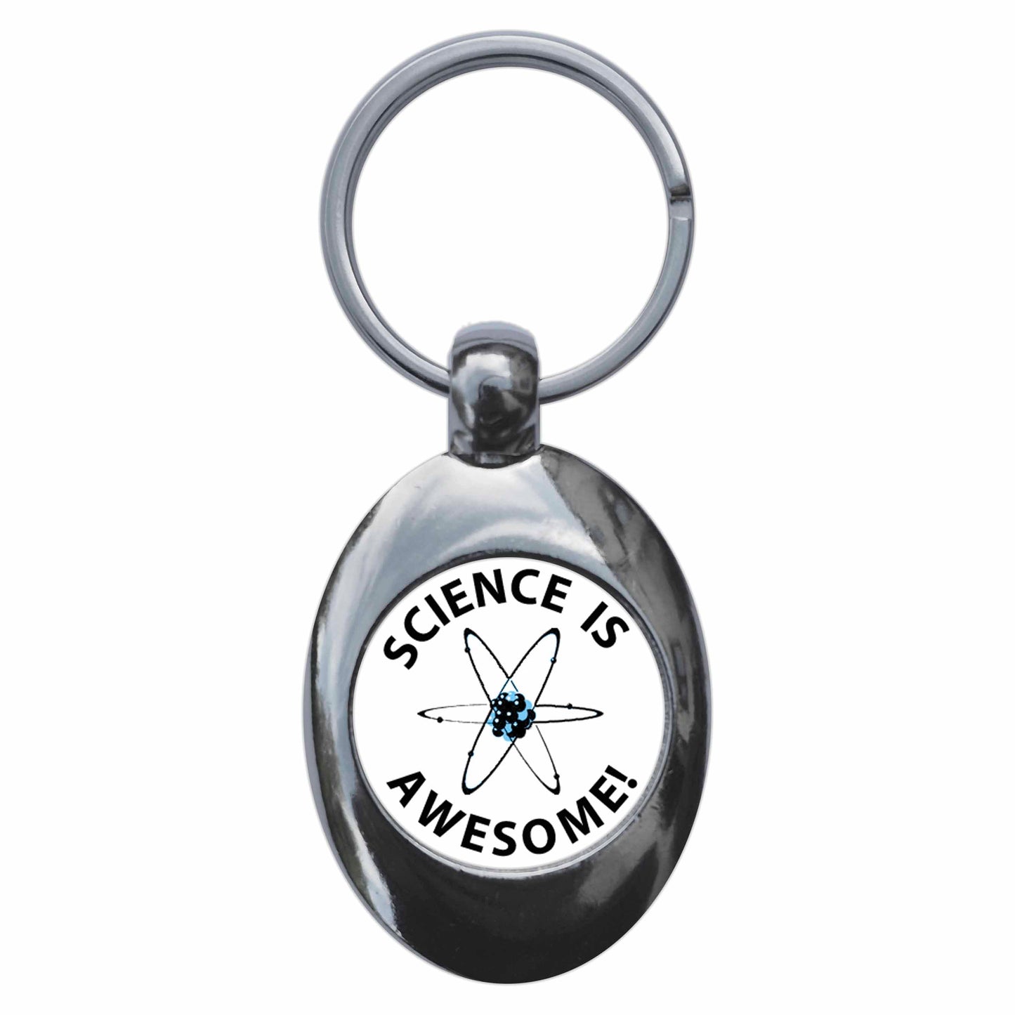 A picture of the front of the product, titled Science Is Awesome Metal Keyring With Trolley Coin