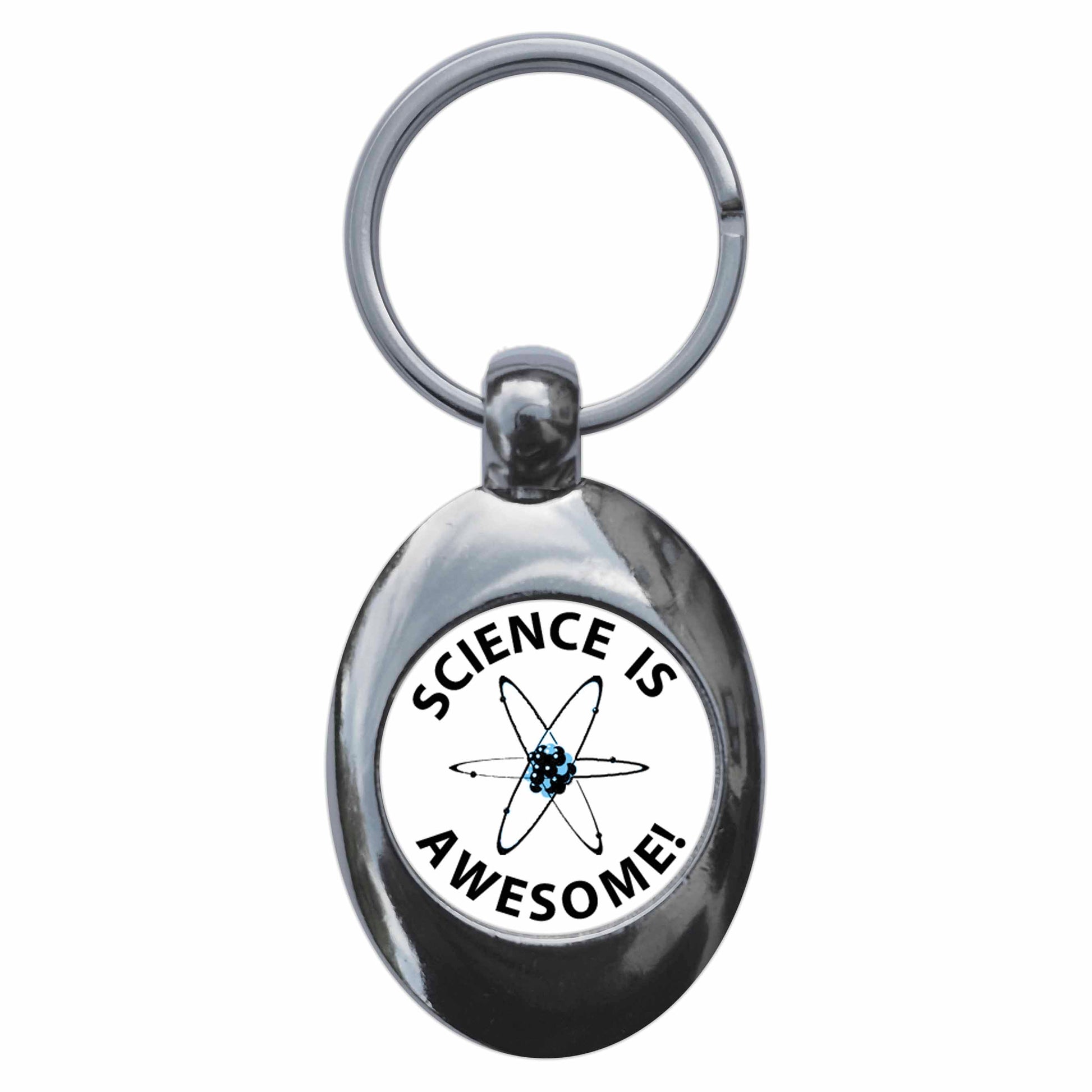 A picture of the front of the product, titled Science Is Awesome Metal Keyring With Trolley Coin