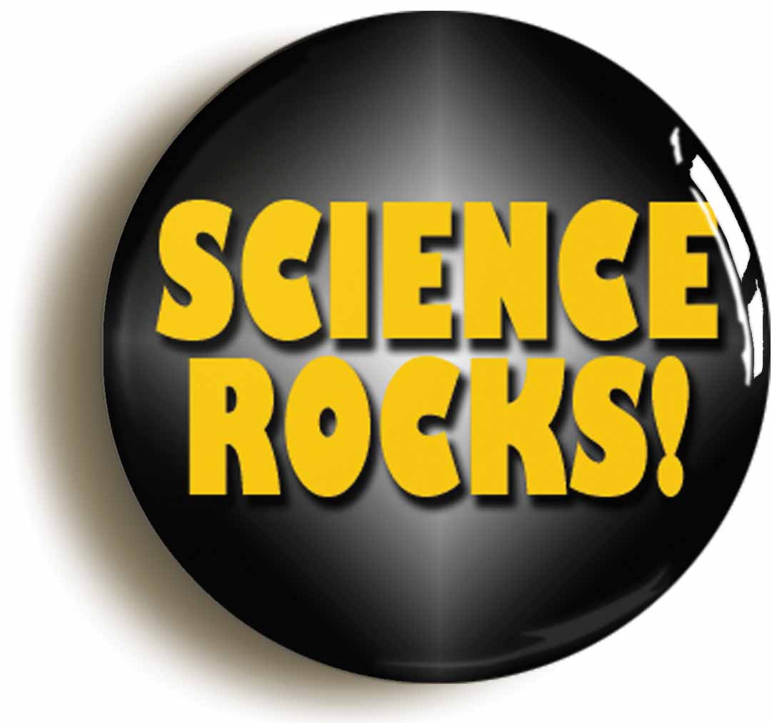 A picture of the front of the product, titled Science Rocks Geek Button Pin Badge