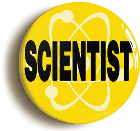A picture of the front of the product, titled Scientist Yellow Button Pin Badge