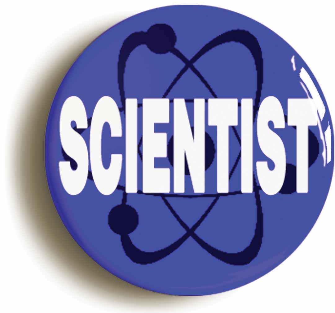 A picture of the front of the product, titled Scientist Blue Button Pin Badge